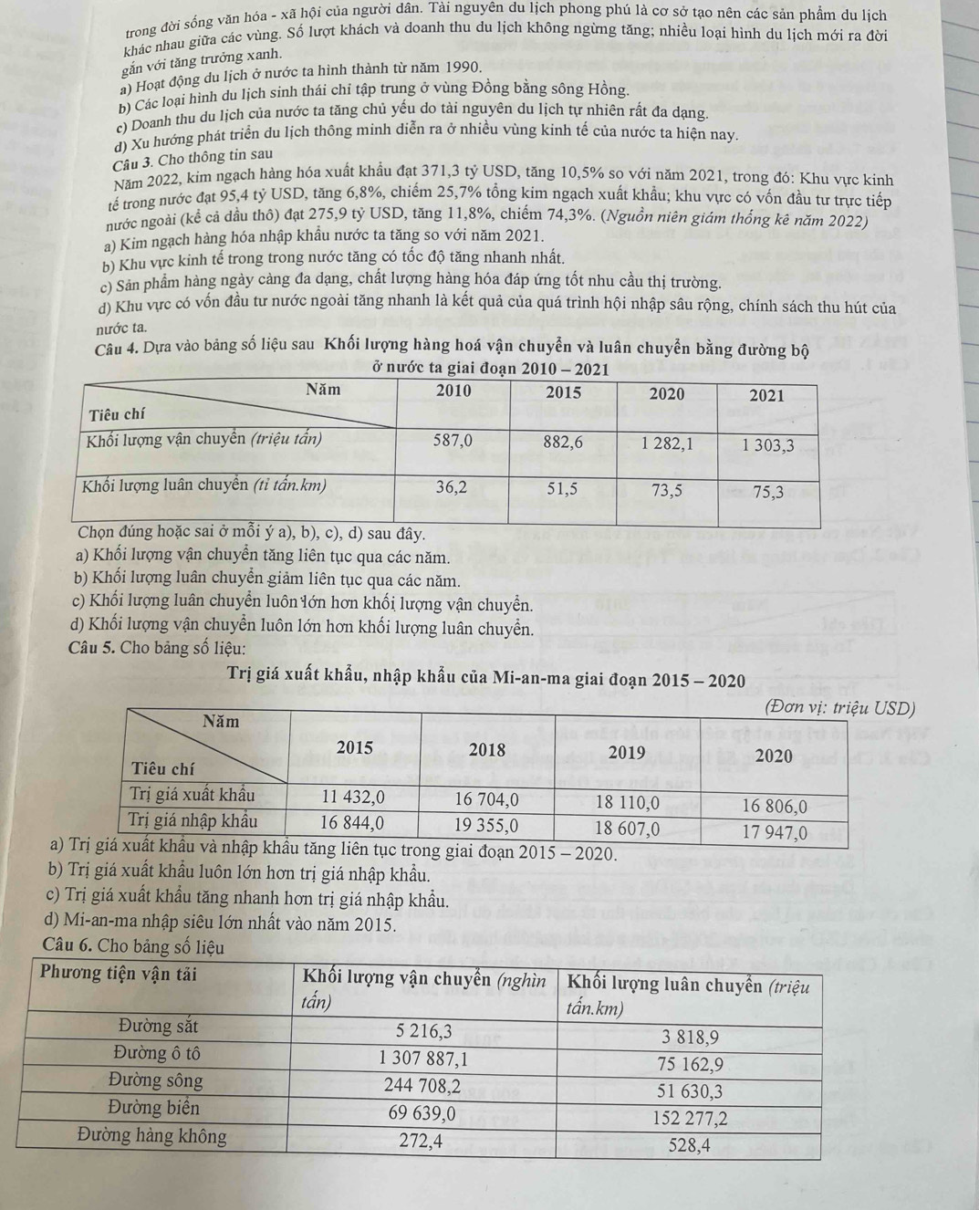 trong đời sống văn hóa - xã hội của người dân. Tài nguyên du lịch phong phú là cơ sở tạo nên các sản phẩm du lịch
khác nhau giữa các vùng. Số lượt khách và doanh thu du lịch không ngừng tăng; nhiều loại hình du lịch mới ra đời
gắn với tăng trưởng xanh.
a) Hoạt động du lịch ở nước ta hình thành từ năm 1990.
b) Các loại hình du lịch sinh thái chỉ tập trung ở vùng Đồng bằng sông Hồng.
c) Doanh thu du lịch của nước ta tăng chủ yếu do tài nguyên du lịch tự nhiên rất đa dạng.
d) Xu hướng phát triển du lịch thông minh diễn ra ở nhiều vùng kinh tế của nước ta hiện nay.
Câu 3. Cho thông tin sau
Năm 2022, kim ngạch hàng hóa xuất khẩu đạt 371,3 tỷ USD, tăng 10,5% so với năm 2021, trong đó: Khu vực kinh
tế trong nước đạt 95,4 tỷ USD, tăng 6,8%, chiếm 25,7% tổng kim ngạch xuất khẩu; khu vực có vốn đầu tư trực tiếp
nước ngoài (kể cả dầu thô) đạt 275,9 tỷ USD, tăng 11,8%, chiếm 74,3%. (Nguồn niên giám thống kê năm 2022)
a) Kim ngạch hàng hóa nhập khẩu nước ta tăng so với năm 2021.
b) Khu vực kinh tế trong trong nước tăng có tốc độ tăng nhanh nhất.
c) Sản phẩm hàng ngày càng đa dạng, chất lượng hàng hóa đáp ứng tốt nhu cầu thị trường.
d) Khu vực có vốn đầu tư nước ngoài tăng nhanh là kết quả của quá trình hội nhập sâu rộng, chính sách thu hút của
nước ta.
Câu 4. Dựa vào bảng số liệu sau Khối lượng hàng hoá vận chuyển và luân chuyển bằng đường bộ
a) Khối lượng vận chuyển tăng liên tục qua các năm.
b) Khối lượng luân chuyển giảm liên tục qua các năm.
c) Khối lượng luân chuyển luôn lớn hơn khối lượng vận chuyển.
d) Khối lượng vận chuyển luôn lớn hơn khối lượng luân chuyển.
Câu 5. Cho bảng số liệu:
Trị giá xuất khẩu, nhập khẩu của Mi-an-ma giai đoạn 2015 - 2020
)
agiai đoạn 2015 - 2020.
b) Trị giá xuất khẩu luôn lớn hơn trị giá nhập khẩu.
c) Trị giá xuất khẩu tăng nhanh hơn trị giá nhập khẩu.
d) Mi-an-ma nhập siêu lớn nhất vào năm 2015.
Câu 6. Cho bảng số liệu
