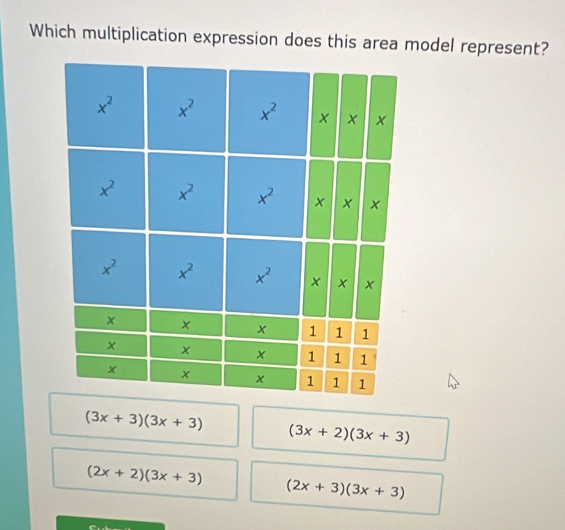 Which multiplication expression does this area model represent?
(3x+3)(3x+3)
(3x+2)(3x+3)
(2x+2)(3x+3)
(2x+3)(3x+3)