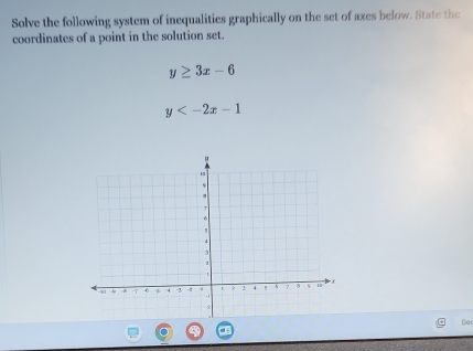 Solve the following system of inequalities graphically on the set of axes below. State the
coordinates of a point in the solution set.
y≥ 3x-6
y
De