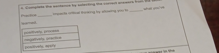 Complete the sentence by selecting the correct answers from the tiu 
Practice _impacts critical thinking by allowing you to _what you've 
learned.