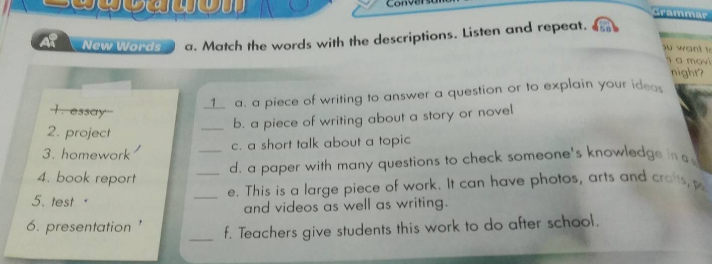 Conver
grammar
AP New Words a. Match the words with the descriptions. Listen and repeat.
ou want t 
a movi
night?
_1 a. a piece of writing to answer a question or to explain your ideas
1 . essay
_b. a piece of writing about a story or novel
2. project
3. homework _c. a short talk about a topic
d. a paper with many questions to check someone's knowledge in a
4. book report
_e. This is a large piece of work. It can have photos, arts and cratts, p
5. test "
and videos as well as writing.
6. presentation '
_f. Teachers give students this work to do after school.