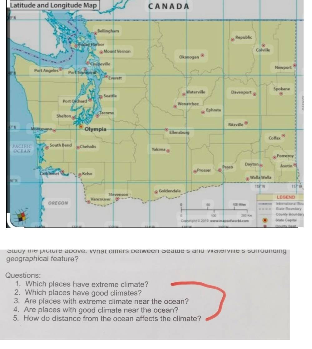 Latitude and Longitude Map C A N A D A 
9 
P 
Bou 
ry 
dary 
St 
geographical feature? 
Questions: 
1. Which places have extreme climate? 
2. Which places have good climates? 
3. Are places with extreme climate near the ocean? 
4. Are places with good climate near the ocean? 
5. How do distance from the ocean affects the climate?