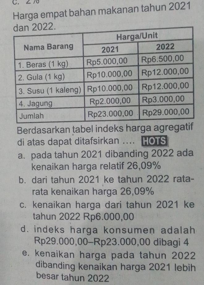 ∠ 76
Harga empat bahan makanan tahun 2021
Berdasarkan tabel indeks harga agregatif
di atas dapat ditafsirkan .... HOTS
a. pada tahun 2021 dibanding 2022 ada
kenaikan harga relatif 26,09%
b. dari tahun 2021 ke tahun 2022 rata-
rata kenaikan harga 26,09%
c. kenaikan harga dari tahun 2021 ke
tahun 2022 Rp6.000,00
d. indeks harga konsumen adalah
Rp29.000,00 - Rp23.000,00 dibagi 4
e. kenaikan harga pada tahun 2022
dibanding kenaikan harga 2021 lebih
besar tahun 2022