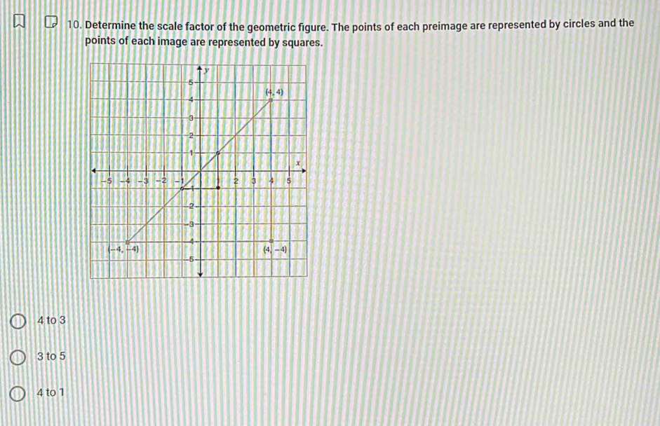 Determine the scale factor of the geometric figure. The points of each preimage are represented by circles and the
points of each image are represented by squares.
4 to 3
3 to 5
4 to 1