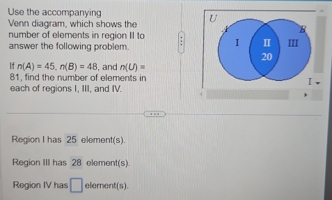 Use the accompanying 
Venn diagram, which shows the 
number of elements in region II to ; 
answer the following problem. 
If n(A)=45, n(B)=48 , and n(U)=
81, find the number of elements in 
each of regions I, III, and IV. 
Region I has 25 element(s). 
Region III has 28 element(s). 
Region IV has □ element(s).