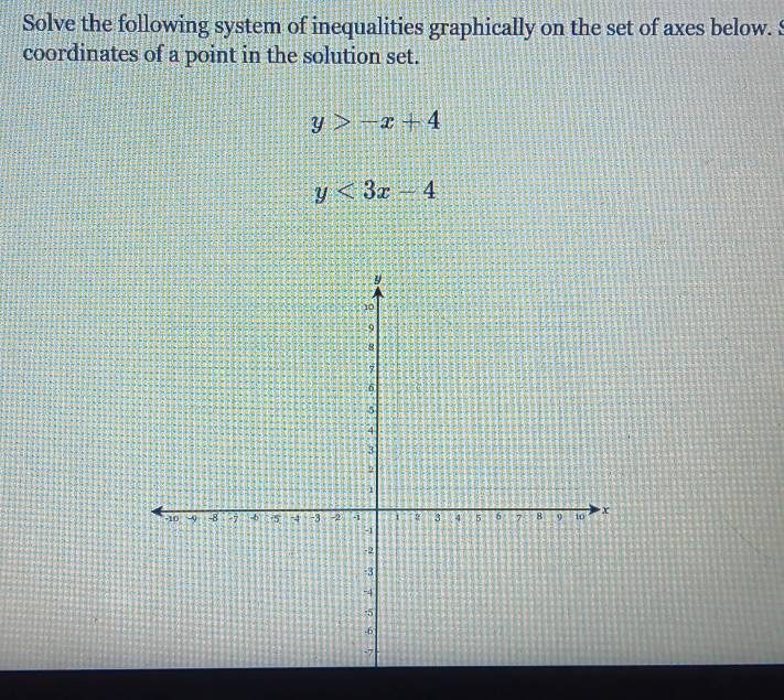 Solve the following system of inequalities graphically on the set of axes below. S
coordinates of a point in the solution set.
y>-x+4
y<3x-4</tex>