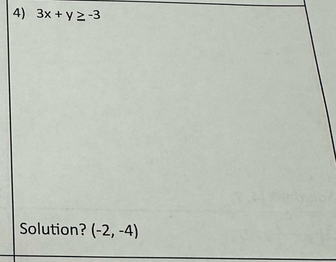 3x+y≥ -3
Solution? (-2,-4)