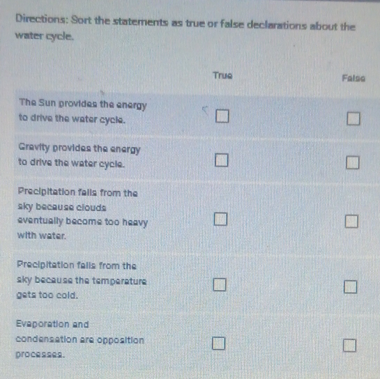 Directions: Sort the statements as true or false declarations about the
water cycle.
o
p