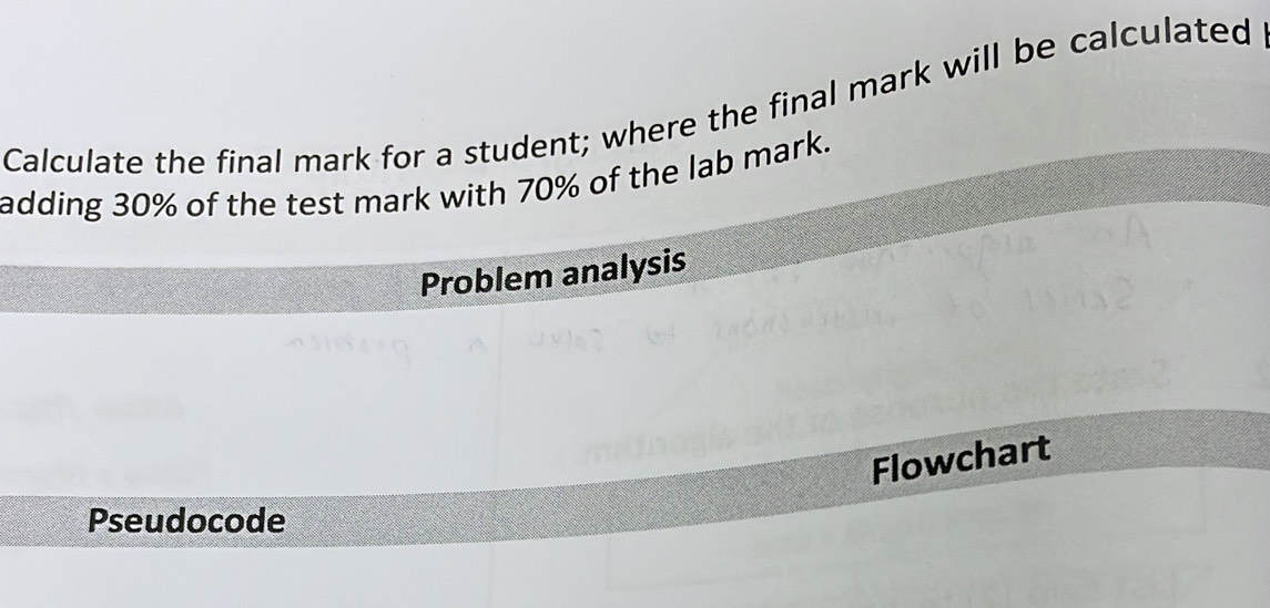 Calculate the final mark for a student; where the final mark will be calculated 
adding 30% of the test mark with 70% of the lab mark. 
Problem analysis 
Flowchart 
Pseudocode