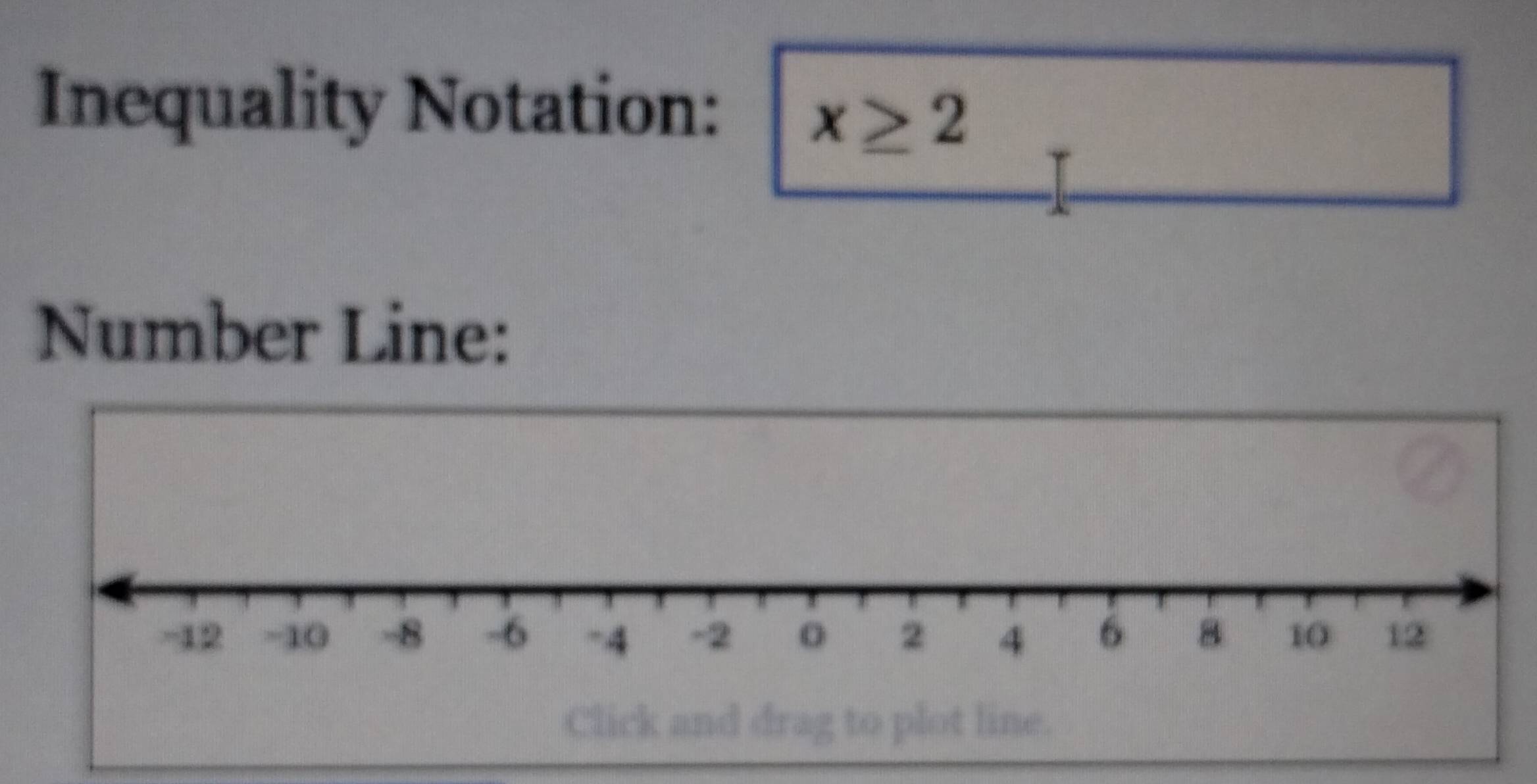 Inequality Notation: x≥ 2
Number Line: