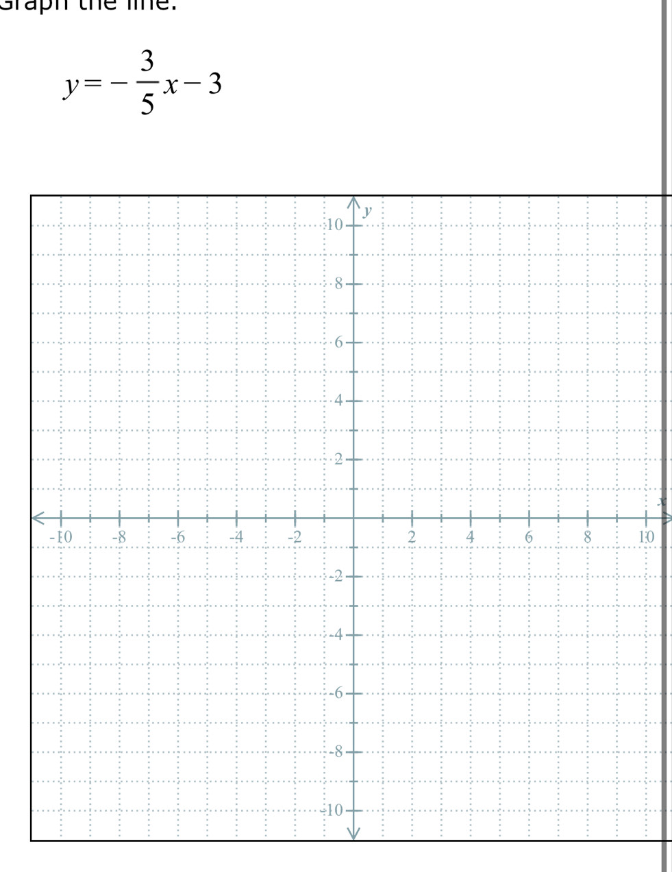 Graph the lie.
y=- 3/5 x-3
10