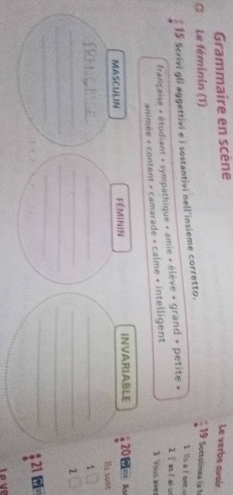 Grammaire en scène 
Le verbe avoir 
C Le féminin (1) 19 Sottolinea la f 
2 15 Scrivi gli aggettivi e i sostantivi nell'insieme corretto. 
1 lls a l ontu 
2 ī as lai un 
française » étudiant « sympathique » amie » élève » grand » petite » 
animée « content » camarade » calme » intelligent 
3 Vous aver 
MASCULIN Féminin 
INVARIABLE 20m Au 
Is sant 
_ 

_ 
_ 
1 
_ 
_ 
_ 
2 
_ 
_ 
_ 
_ 
_ 
_ 
21 
1 º Vé