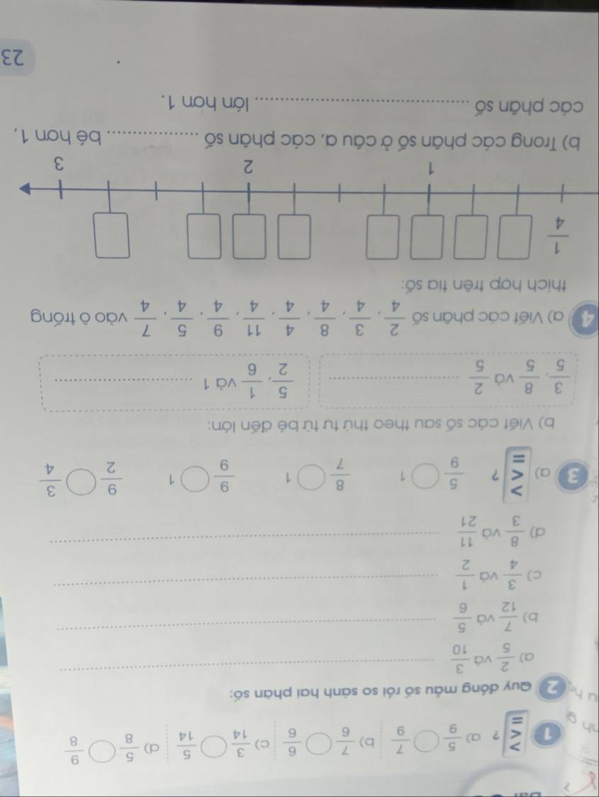 ? a)  5/9 ( bigcirc  7/9  b)  7/6   6/6  c)  3/14   5/14  d)  5/8   9/8 
ho =
u h
Quy đóng mẫu số rồi so sánh hai phân số:
a)  2/5  và  3/10 
_
b)  7/12  và  5/6 
_
c)  3/4  và  1/2  _
d)  8/3  và  11/21  _
3 a) ?  5/9 bigcirc  8/7  1  9/9  1  9/2   3/4 
b) Viết các số sau theo thứ tự từ bé đến lớn:
 3/5 , 8/5  và  2/5  _  5/2 , 1/6  và 1_
4) ) Viết các phân số  2/4 , 3/4 , 8/4 , 4/4 , 11/4 , 9/4 , 5/4 , 7/4  vào ô trống
thích hợp trên tia số:
b) Trong các phân số ở câu a, các phân số _bé hơn 1,
các phân số _lớn hơn 1.
23