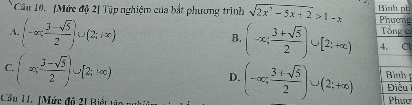 [Mức độ 2] Tập nghiệm của bất phương trình sqrt(2x^2-5x+2)>1-x Bình ph
Phương
A. (-∈fty ; (3-sqrt(5))/2 )∪ (2;+∈fty ) Tổng cá
B. (-∈fty ; (3+sqrt(5))/2 )∪ [2;+∈fty ) 4. Cl
C. (-∈fty ; (3-sqrt(5))/2 )∪ [2;+∈fty ) Bình
D. (-∈fty ; (3+sqrt(5))/2 )∪ (2;+∈fty ) Điều
Câu 11. [Mức đô 2] Biết tân Phươ