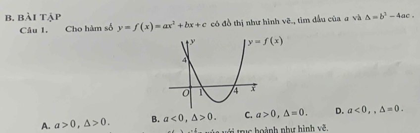 bài tập Delta =b^2-4ac.
Câu 1. Cho hàm số y=f(x)=ax^2+bx+c có đồ thị như hình vẽ., tìm dấu của a và
A. a>0,△ >0. B. a<0,△ >0. C. a>0,△ =0. D. a<0,,△ =0.
vúa với trục hoành như hình vẽ.