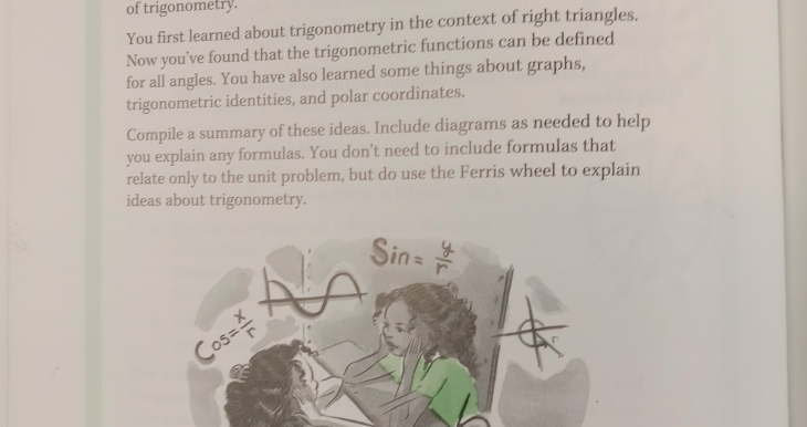 of trigonometry. 
You first learned about trigonometry in the context of right triangles, 
Now you've found that the trigonometric functions can be defined 
for all angles. You have also learned some things about graphs, 
trigonometric identities, and polar coordinates. 
Compile a summary of these ideas. Include diagrams as needed to help 
you explain any formulas. You don’t need to include formulas that 
relate only to the unit problem, but do use the Ferris wheel to explain 
ideas about trigonometry.
Sin=