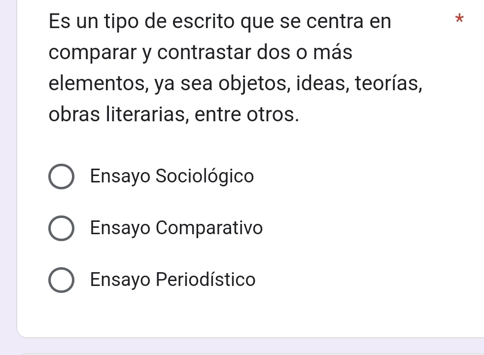 Es un tipo de escrito que se centra en
*
comparar y contrastar dos o más
elementos, ya sea objetos, ideas, teorías,
obras literarias, entre otros.
Ensayo Sociológico
Ensayo Comparativo
Ensayo Periodístico