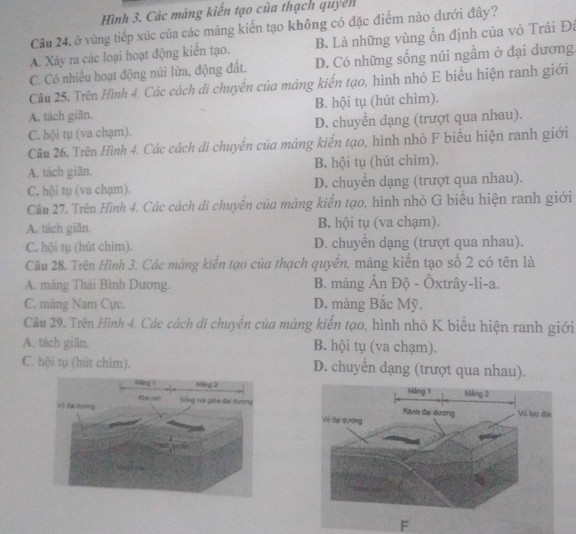 Hình 3. Các mãng kiến tạo của thạch quyen
Câu 24. ở vùng tiếp xúc của các mảng kiến tạo không có đặc điểm nào dưới đây?
A. Xây ra các loại hoạt động kiến tạo. B. Là những vùng ổn định của vỏ Trái Đá
C. Có nhiều hoạt động núi lửa, động đất. D. Có những sống núi ngầm ở đại dương
Câu 25. Trên Hình 4. Các cách di chuyển của mảng kiến tạo, hình nhỏ E biểu hiện ranh giới
A. tách giãn. B. hội tụ (hút chìm).
C. hội tụ (va chạm). D. chuyển dạng (trượt qua nhau).
Câu 26, Trên Hình 4. Các cách di chuyển của mảng kiến tạo, hình nhỏ F biểu hiện ranh giới
A. tách giãn. B. hội tụ (hút chìm).
C. hội tụ (va chạm). D. chuyển dạng (trượt qua nhau).
Câu 27. Trên Hình 4. Các cách di chuyển của mảng kiến tạo, hình nhỏ G biểu hiện ranh giới
A. tách giãn. B. hội tụ (va chạm).
C. hội tụ (hút chìm). D. chuyên dạng (trượt qua nhau).
Câu 28. Trên Hình 3. Các mảng kiến tạo của thạch quyền, mảng kiến tạo số 2 có tên là
A. mảng Thái Bình Dương. B. mảng Ấn Độ - Ôxtrây-li-a.
C. mảng Nam Cực. D. mảng Bắc Mỹ.
Câu 29. Trên Hình 4. Các cách di chuyên của mảng kiến tạo, hình nhỏ K biểu hiện ranh giới
A. tách giãn. B. hội tụ (va chạm).
C. hội tụ (hút chìm). D. chuyên dạng (trượt qua nhau).
F