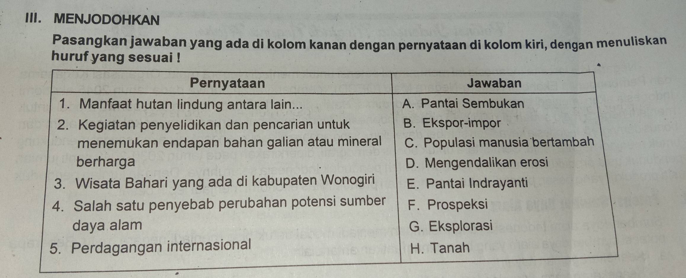 MENJODOHKAN 
Pasangkan jawaban yang ada di kolom kanan dengan pernyataan di kolom kiri, dengan menuliskan 
huruf yang sesuai !