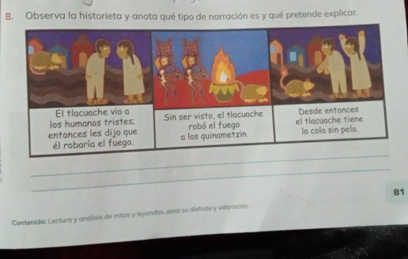 Observa la historieta y anota qué tipo de narración es y qué pretende explicar. 
_ 
_ 
81 
Contenido: Lectura y análisis de mitos y leyendas, para su disfrute y valoración.