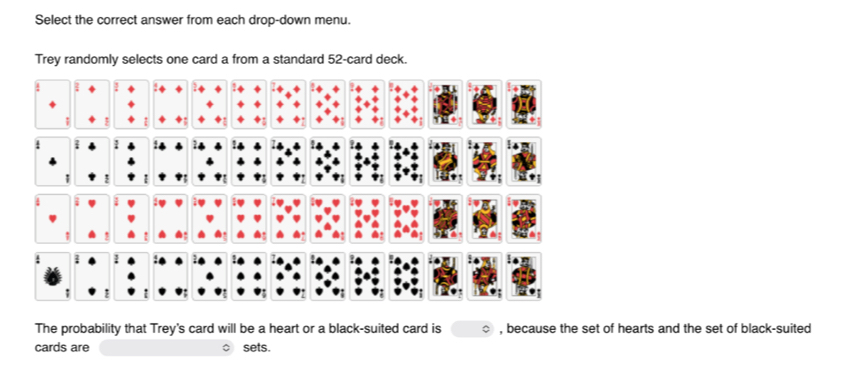 Select the correct answer from each drop-down menu. 
Trey randomly selects one card a from a standard 52 -card deck. 
The probability that Trey's card will be a heart or a black-suited card is , because the set of hearts and the set of black-suited 
cards are sets.