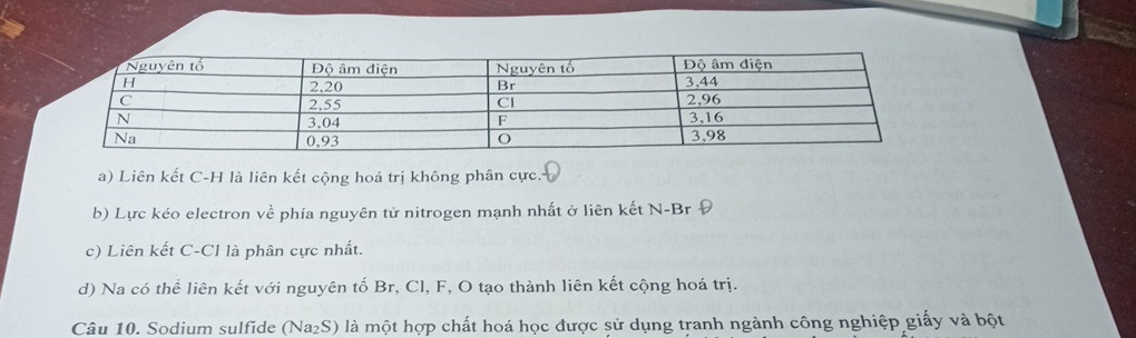 Liên kết C-H là liên kết cộng hoá trị không phân cực. 
b) Lực kéo electron về phía nguyên tử nitrogen mạnh nhất ở liên kết N-Br Đ 
c) Liên kết C-Cl là phân cực nhất. 
d) Na có thể liên kết với nguyên tố Br, Cl, F, O tạo thành liên kết cộng hoá trị. 
Câu 10. Sodium sulfide (Na₂S) là một hợp chất hoá học được sử dụng tranh ngành công nghiệp giấy và bột