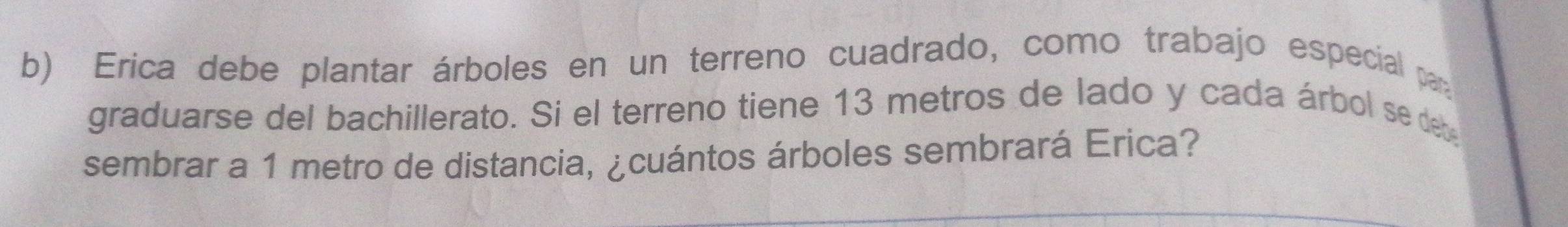 Erica debe plantar árboles en un terreno cuadrado, como trabajo especial par 
graduarse del bachillerato. Si el terreno tiene 13 metros de lado y cada árbol se deb 
sembrar a 1 metro de distancia, ¿cuántos árboles sembrará Erica?