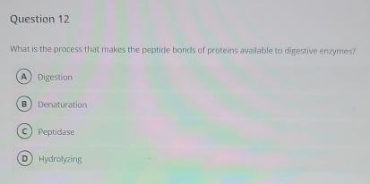 What is the process that makes the peptide bonds of proteins available to digestive enzymes?
A Digestion
BDenaturation
Peptidase
D Hydrolyzing