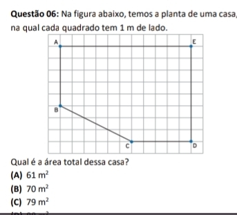 Na figura abaixo, temos a planta de uma casa,
na qual cada quadrado tem 1 m de lado.
Qual é a área total dessa casa?
(A) 61m^2
(B) 70m^2
(C) 79m^2