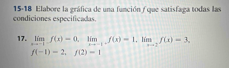 15-18 Elabore la gráfica de una función fque satisfaga todas las 
condiciones especificadas. 
17. limlimits _xto -1^-f(x)=0, limlimits _xto -1^+f(x)=1, limlimits _xto 2f(x)=3,
f(-1)=2, f(2)=1