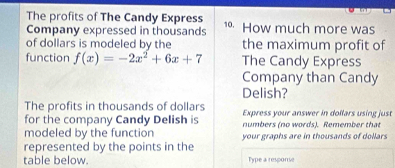 The profits of The Candy Express 
Company expressed in thousands ¹º How much more was 
of dollars is modeled by the the maximum profit of 
function f(x)=-2x^2+6x+7 The Candy Express 
Company than Candy 
Delish? 
The profits in thousands of dollars Express your answer in dollars using just 
for the company Candy Delish is numbers (no words). Remember that 
modeled by the function your graphs are in thousands of dollars 
represented by the points in the 
table below. Type a response