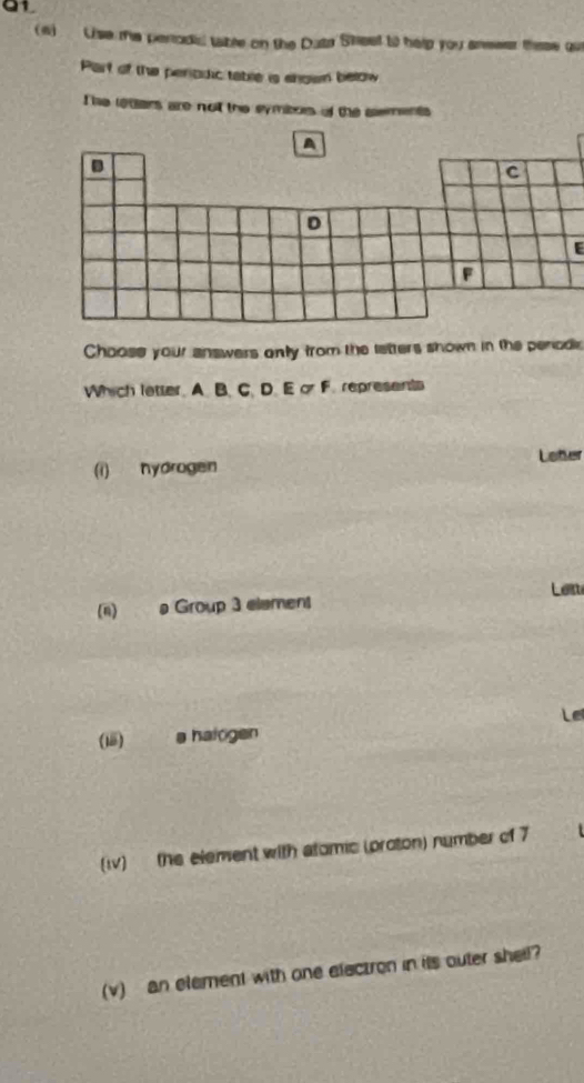 01 
(6) Use the perodic table on the Duta Sheet t help you aneeer these au 
Part of the perodic table is shown below 
The retars are not the symbors of the sements 
E 
Choose your answers only from the letters shown in the penodi 
Which letter. A. B. C. D. E or F. represents 
Lefer 
(i) hydrogen 
Les 
(n) . Group 3 elemen 
L 
(18) a halogen 
(i) the element with atomic (proton) number of 7
(v) an element with one elactron in its outer sheil?