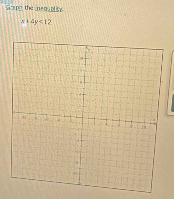 Graph the inequality.
x+4y<12</tex>