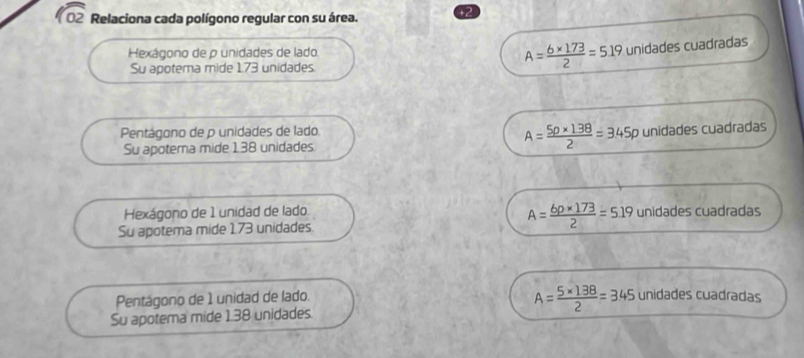 Relaciona cada polígono regular con su área. +2
Hexágono de p unidades de lado
Su apotema mide 1.73 unidades.
A= (6* 173)/2 =5.19 unidades cuadradas
Pentágono de p unidades de lado. unidades cuadradas
Su apotema mide 1.38 unidades
A= (5p* 138)/2 =3.45p
Hexágono de 1 unidad de lado unidades cuadradas
Su apotema mide 1.73 unidades.
A= (6p* 173)/2 =5.19
Pentágono de 1 unidad de lado.
A= (5* 138)/2 =345 unidades cuadradas
Su apotema mide 1.38 unidades.