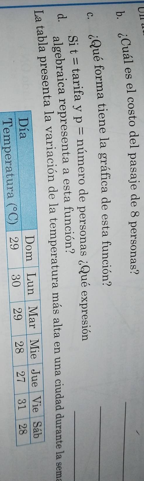 ¿Cuál es el costo del pasaje de 8 personas?
c. ¿Qué forma tiene la gráfica de esta función?
_
Si t= tarifa y p= número de personas ¿Qué expresión
d. algebraica representa a esta función?
_
La tabla pres la variación de la temperatura más alta en una ciudad durante la sema