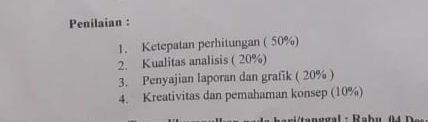 Penilaian : 
1. Ketepatan perhitungan ( 50%) 
2. Kualitas analisis ( 20%) 
3. Penyajian laporan dan grafik ( 20% ) 
4. Kreativitas dan pemahaman konsep (10%)