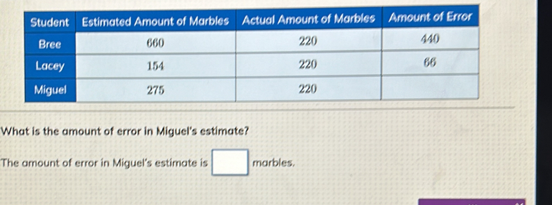 What is the amount of error in Miguel's estimate? 
The amount of error in Miguel's estimate is marbles.