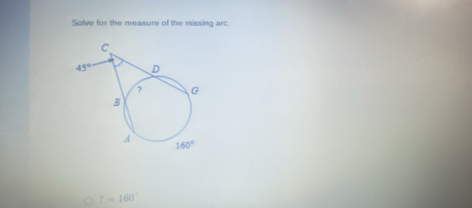 Solve for the measure of the missing arc.
?=160°