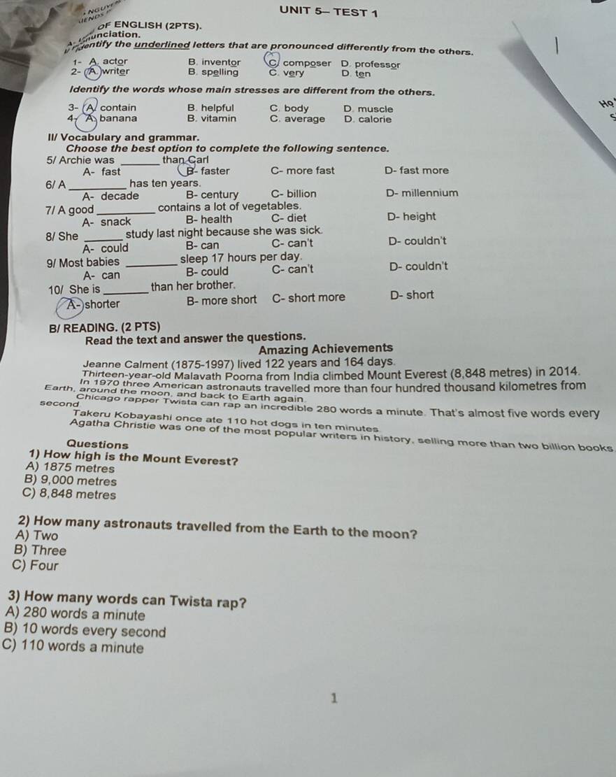 UNIT 5- TEST 1
JENDS
oF ENGLISH (2PTS).
Amunciation
rgentify the underlined letters that are pronounced differently from the others.
1- A. actor B. inventor C composer D. professor
2- ( A )writer B. spelling C. very D ten
ldentify the words whose main stresses are different from the others.
3- A contain B. helpful C. body D. muscle Họ 
4 A banana B. vitamin C. average D. calorie
ς
II/ Vocabulary and grammar.
Choose the best option to complete the following sentence.
_
5/ Archie was than Carl
A- fast B- faster C- more fast D- fast more
6/ A_ has ten years.
A- decade B- century C- billion D- millennium
7/ A good _contains a lot of vegetables.
A- snack B- health C- diet D- height
8/ She _study last night because she was sick.
A- could B- can C- can't D- couldn't
9/ Most babies _sleep 17 hours per day.
A- can B- could C- can't D- couldn't
10/ She is_ than her brother.
A-)shorter B- more short C- short more D- short
B/ READING. (2 PTS)
Read the text and answer the questions.
Amazing Achievements
Jeanne Calment (1875-1997) lived 122 years and 164 days.
Thirteen-year-old Malavath Poorna from India climbed Mount Everest (8,848 metres) in 2014.
In 1970 three American astronauts travelled more than four hundred thousand kilometres from
Earth, around the moon, and back to Earth again
second Chicago rapper Twista can rap an incredible 280 words a minute. That's almost five words every
Takeru Kobayashi once ate 110 hot dogs in ten minutes
Agatha Christie was one of the most popular writers in history, selling more than two billion books
Questions
1) How high is the Mount Everest?
A) 1875 metres
B) 9,000 metres
C) 8,848 metres
2) How many astronauts travelled from the Earth to the moon?
A) Two
B) Three
C) Four
3) How many words can Twista rap?
A) 280 words a minute
B) 10 words every second
C) 110 words a minute
1