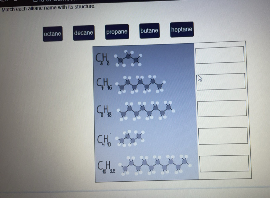 Solved: Match each alkane name with its structure, octane decane ...