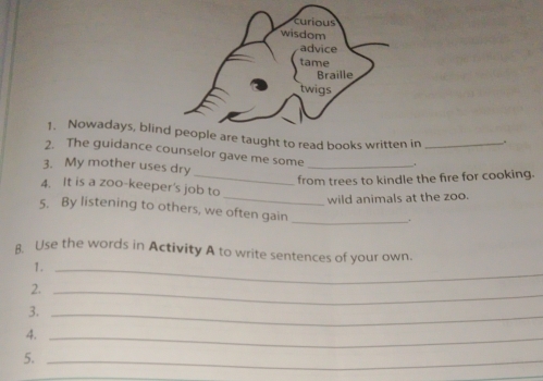 Nowadays, blin taught to read books written in . 
2. The guidance counselor gave me some _._ 
3. My mother uses dry 
_from trees to kindle the fire for cooking. 
4. It is a zoo-keeper's job to 
_wild animals at the zoo. 
5. By listening to others, we often gain 
_. 
Use the words in Activity A to write sentences of your own. 
1._ 
2._ 
3._ 
4._ 
5._