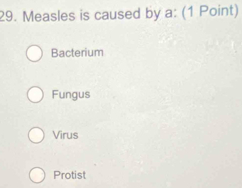 Measles is caused by a: (1 Point)
Bacterium
Fungus
Virus
Protist