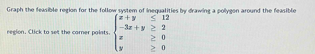 Graph the feasible region for the follow system of inequalities by drawing a polygon around the feasible 
region. Click to set the corner points. beginarrayl x+y≤ 12 -3x+y≥ 2 x≥ 0 y≥ 0endarray.