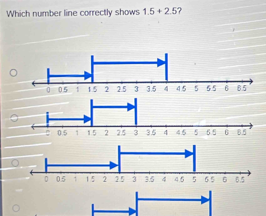 Which number line correctly shows 1.5+2.5 ?