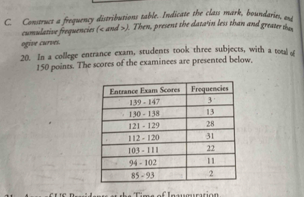 Construct a frequency distributions table. Indicate the class mark, boundaries, and 
cumulative frequencies ( and ). Then, present the data'in less than and greater th 
ogive curves. 
20. In a college entrance exam, students took three subjects, with a total o
150 points. The scores of the examinees are presented below, 
A a I n au guration