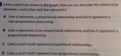 Lines a and b are shown in the graph. How can you describe the relationship
between x and y that each line represents?
A Line a represents a proportional relationship and line b represents a
non-proportional relationship.
B Line a represents a non-proportional relationship and line b represents a
proportional relationship.
C Lines a and b both represent proportional relationships.
D Lines a and b both represent non-proportional relationships.