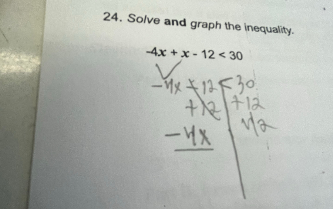 Solve and graph the inequality.
-4x+x-12<30</tex>