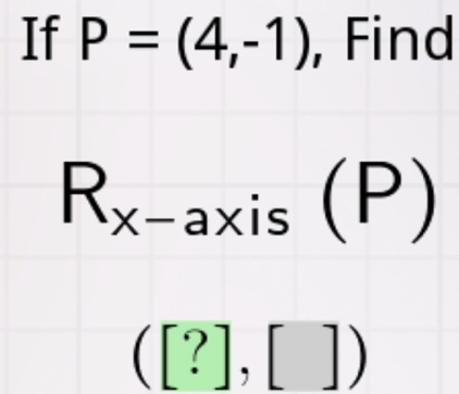 If P=(4,-1) , Find
R_x-axis(P)
([?],[])