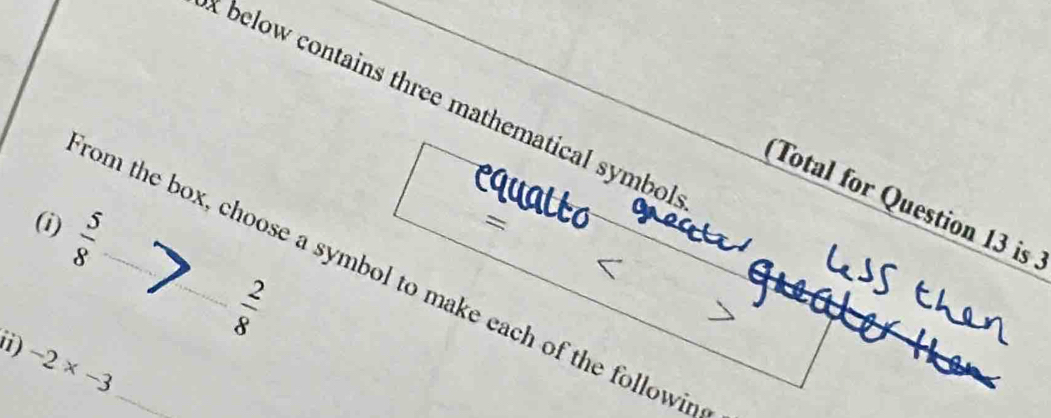 below contains three mathematical symbol 
Total for Question 13 is 
(i)  5/8 
= 
rom the box, choose a symbol to make each of the followin
 2/8 
i) -2* -3