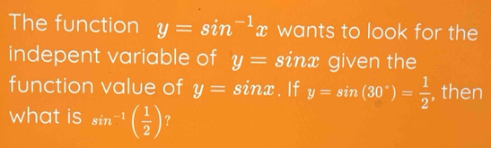 The function y=sin^(-1)x wants to look for the 
indepent variable of y= sinx given the 
function value of y=sin x. If y=sin (30°)= 1/2  , then 
what is sin^(-1)( 1/2 ) ?